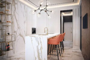 Interior design of a modern kitchen featuring marble countertops, brass accents, and elegant lighting fixtures in a 45 sqm apartment.