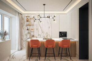 Kitchen interior design with marble backsplash and coral chairs