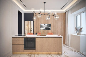 Interior design of kitchen with island featuring wood accents, marble countertop, and elegant lighting fixture.