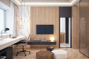 Interior design of a modern study area with natural wood paneling and marble accents.