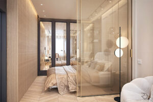 Bedroom with glass partitions, warm tones, and unique wall textures for a refined look