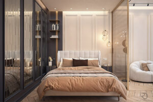 Interior design of bedroom with upholstered bed, hanging lights, mirrored closet, and beige color scheme