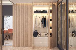 Built-in wardrobe integrated with wall paneling in a 45 sqm mini-apartment by Raphael Design Group