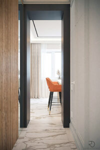 Interior design of a hallway with hidden wardrobe and flush-to-wall door.