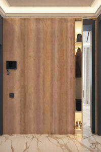 Interior Design of a hidden built-in wardrobe behind wooden paneling in a 45 sqm mini-apartment.